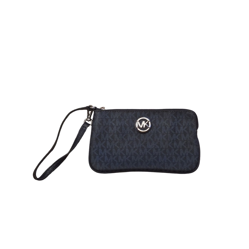 Michael Kors MK Monogram Wristlet Navy Black Silver Tone Zip Clutch Pouch